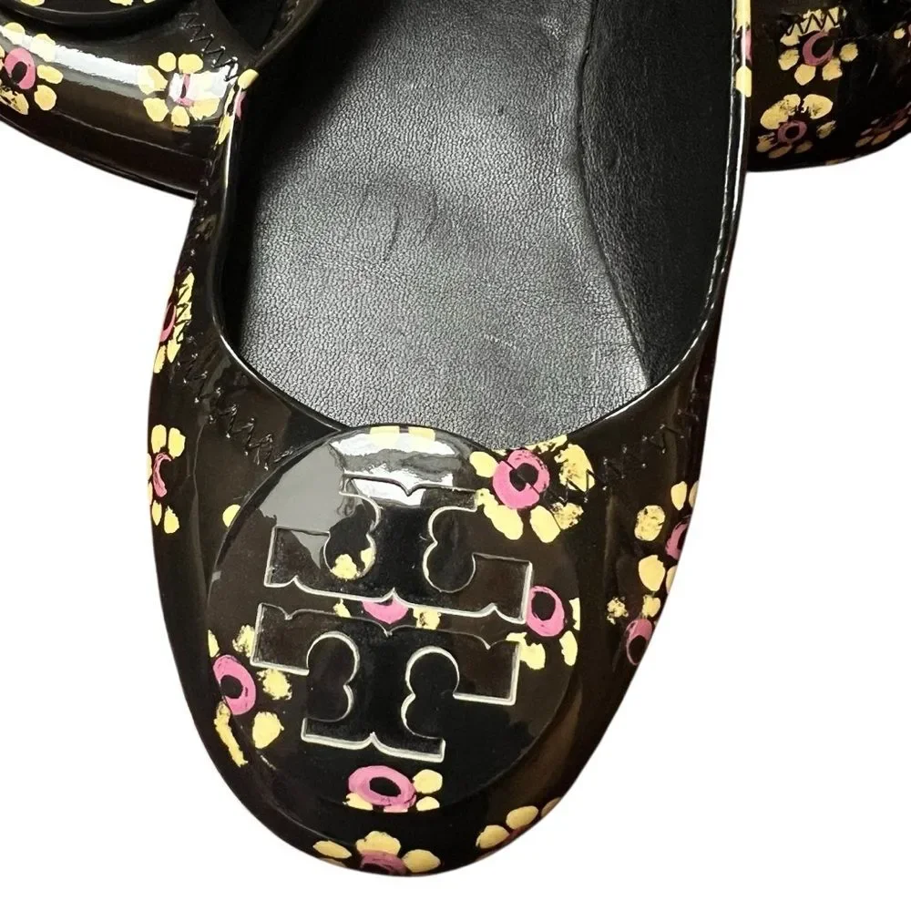 Tory Burch Minnie Travel Ballet Flats Black Patent Floral Print US 6.5